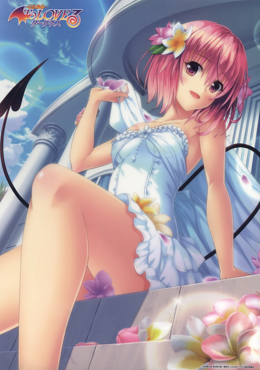 1girl :d absurdres arm_support bare_arms bare_legs bare_shoulders blue_sky blush breasts building collarbone day demon_tail dress eyebrows_visible_through_hair flower foreshortening glint hair_between_eyes hair_flower hair_ornament head_tilt highres holding leaning_back momo_velia_deviluke official_art open_mouth outdoors pillar pink_eyes pink_hair scan shawl short_hair sitting sky small_breasts smile solo stairs strapless strapless_dress tail tareme thighs to_love-ru to_love-ru_darkness white_dress yabuki_kentarou