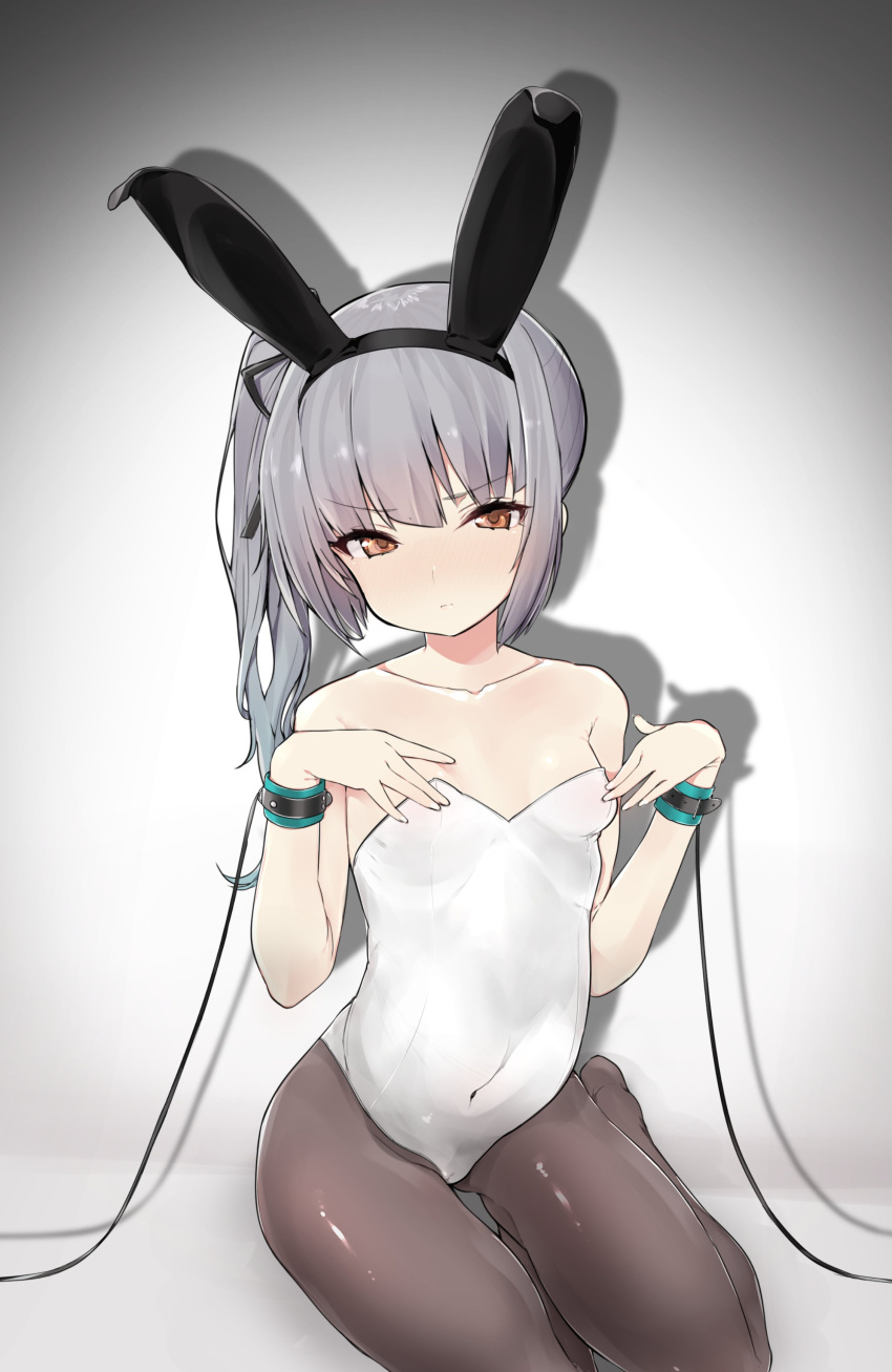 &gt;:( 1girl absurdres animal_ears bare_shoulders black_legwear blush breasts brown_eyes bunnysuit closed_mouth collarbone covered_navel eyebrows_visible_through_hair fake_animal_ears gradient gradient_background grey_hair hair_ribbon hairband hands_on_own_chest highres kantai_collection kasumi_(kantai_collection) leotard long_hair mitsudoue pantyhose rabbit_ears restrained ribbon side_ponytail simple_background sitting small_breasts solo tsurime wrist_cuffs yokozuwari