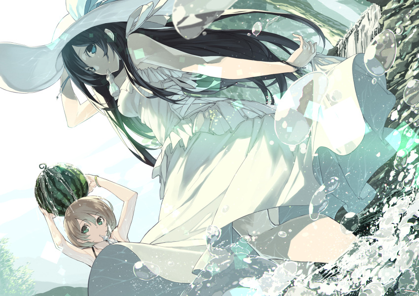 2girls black_hair blonde_hair blue_eyes carrying day dress food from_side fruit hat highres looking_at_viewer mouth_hold multiple_girls original outdoors senmu standing sun_hat sundress wading water water_drop watermelon white_dress