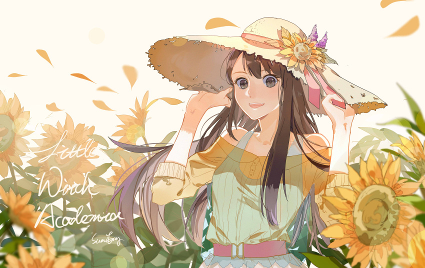 1girl alternate_costume belt blurry bokeh brown_eyes brown_hair casual collarbone copyright_name depth_of_field flower hat hat_flower highres kagari_atsuko little_witch_academia long_hair looking_at_viewer open_mouth petals signature sketch smile solo straw_hat sumery sun_hat sunflower upper_body