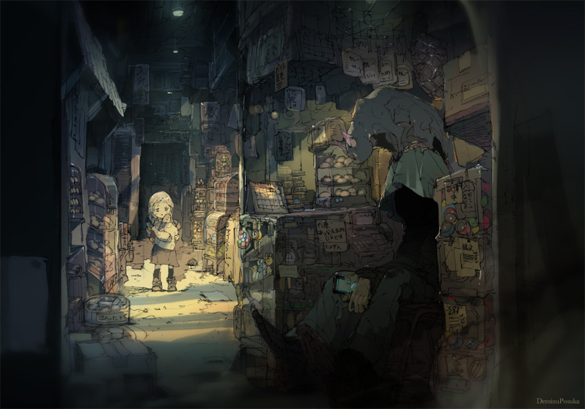 1girl alley animal animal_on_head artist_name bag blonde_hair braid bread cellphone child commentary dark demizu_posuka dragon faceless food holding_bag hood light long_hair on_head original phone scenery single_braid sitting sketch smartphone