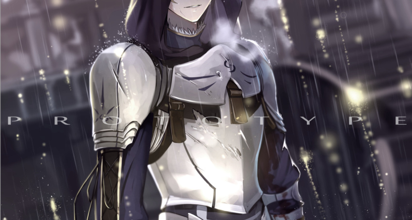 1boy armor blurry blurry_background breastplate copyright_name depth_of_field dutch_angle fate/prototype fate_(series) head_out_of_frame male_focus outdoors parted_lips pauldrons rain saber_(fate/prototype) shijiu_(adamhutt) solo upper_body