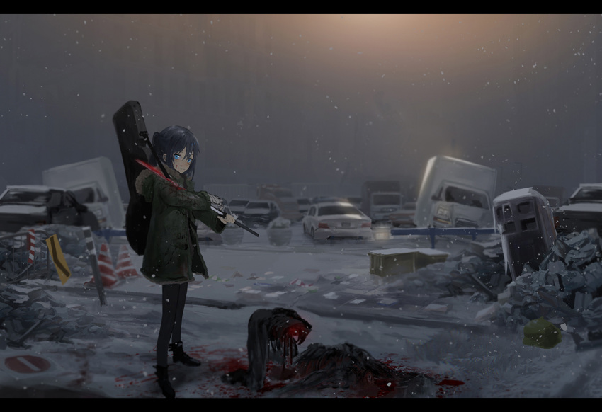 1girl anchovy_(artist) bandage bandaged_hands black_hair black_legwear black_shoes blood blood_on_face bloody_clothes bloody_weapon blue_eyes blush car closed_mouth commentary corpse green_coat ground_vehicle guitar_case hair_between_eyes head_tilt holding holding_sword holding_weapon hooded_coat instrument_case letterboxed long_sleeves motor_vehicle night original outdoors pantyhose shoes sign snow snowing solo standing sword traffic_cone twintails weapon