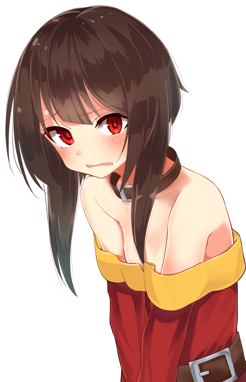 1girl 3: bangs blush brown_hair eyebrows_visible_through_hair highres kono_subarashii_sekai_ni_shukufuku_wo! looking_at_viewer megumin parted_lips red_eyes shirousa short_hair_with_long_locks sidelocks simple_background solo upper_body white_background