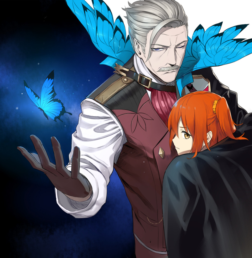 1boy 1girl arm_around_back bangs black_gloves blue_eyes brown_eyes butterfly closed_mouth facial_hair fate/grand_order fate_(series) feng_ze fujimaru_ritsuka_(female) gloves hair_between_eyes hair_ornament hand_up highres james_moriarty_(fate/grand_order) looking_at_viewer looking_back mustache one_eye_closed orange_hair profile side_ponytail sidelocks silver_hair vest