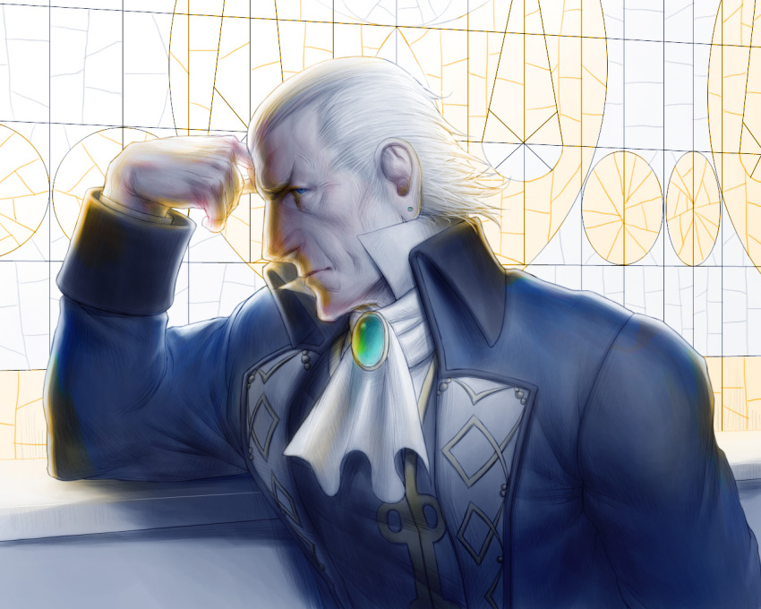 1boy algorithmus collar_up cravat earrings gyakuten_saiban jewelry karuma_gou male_focus old_man solo upper_body white_hair