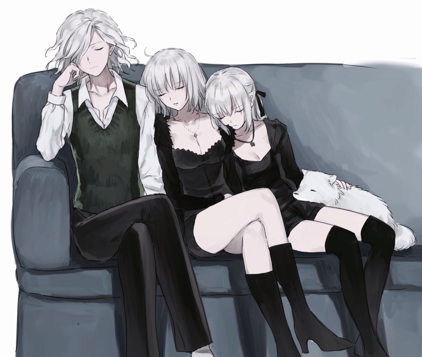 1boy 2girls ahoge bangs black_legwear blonde_hair boots breasts camisole cleavage closed_eyes closed_mouth couch cross cross_necklace dog edmond_dantes_(fate/grand_order) eyebrows_visible_through_hair fate/grand_order fate_(series) grey_hair high_heel_boots high_heels highres hood hoodie jacket jeanne_alter jewelry knee_boots large_breasts legs_crossed long_hair long_sleeves medium_breasts multiple_girls necklace nipi27 on_couch open_clothes open_hoodie over-kneehighs parted_lips pass ponytail ruler_(fate/apocrypha) saber saber_alter short_hair sidelocks silver_hair simple_background sitting slacks sleeping sweater_vest thigh-highs wavy_hair white_background white_hair