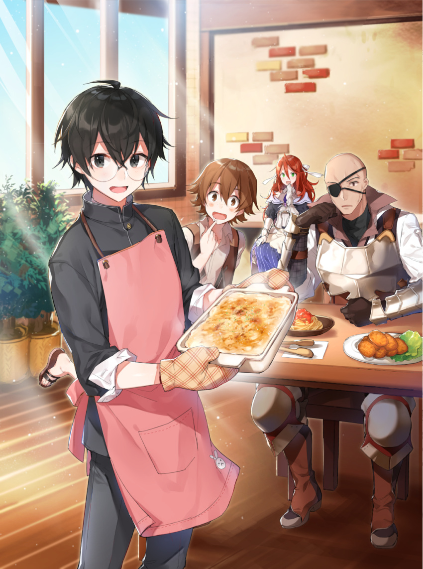 1girl 3boys apron armor bald bangs black_eyes black_hair blush breastplate brown_eyes brown_hair casserole cover cover_page croquette day eyebrows_visible_through_hair food glasses green_eyes highres indoors light_rays long_hair looking_at_another looking_at_viewer multiple_boys novel_cover open_clothes open_mouth open_vest parted_lips pasta plant potted_plant restaurant rimless_glasses saikyou_no_kanteishi_tte_dare_no_koto? school_uniform shirako_miso sitting smile standing sunbeam sunlight tongs vambraces vest