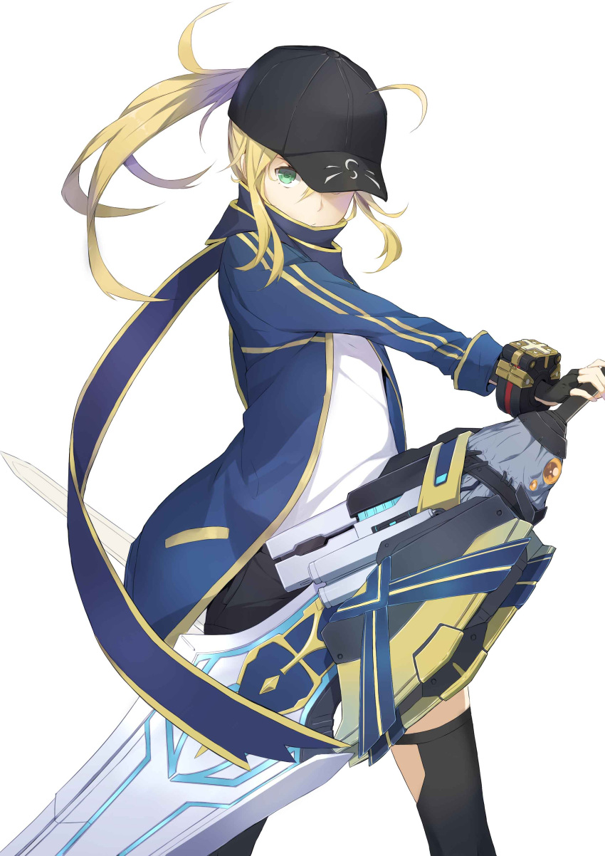 1girl absurdres ahoge baseball_cap black_legwear black_scarf blonde_hair covered_mouth dual_wielding fate_(series) floating_hair god_eater green_eyes hat heroine_x highres holding holding_sword holding_weapon jhcrow legs_apart looking_at_viewer open_track_jacket ponytail rojiura_satsuki:_chapter_heroine_sanctuary saber scarf shorts sidelocks simple_background solo standing sword thigh-highs weapon white_background