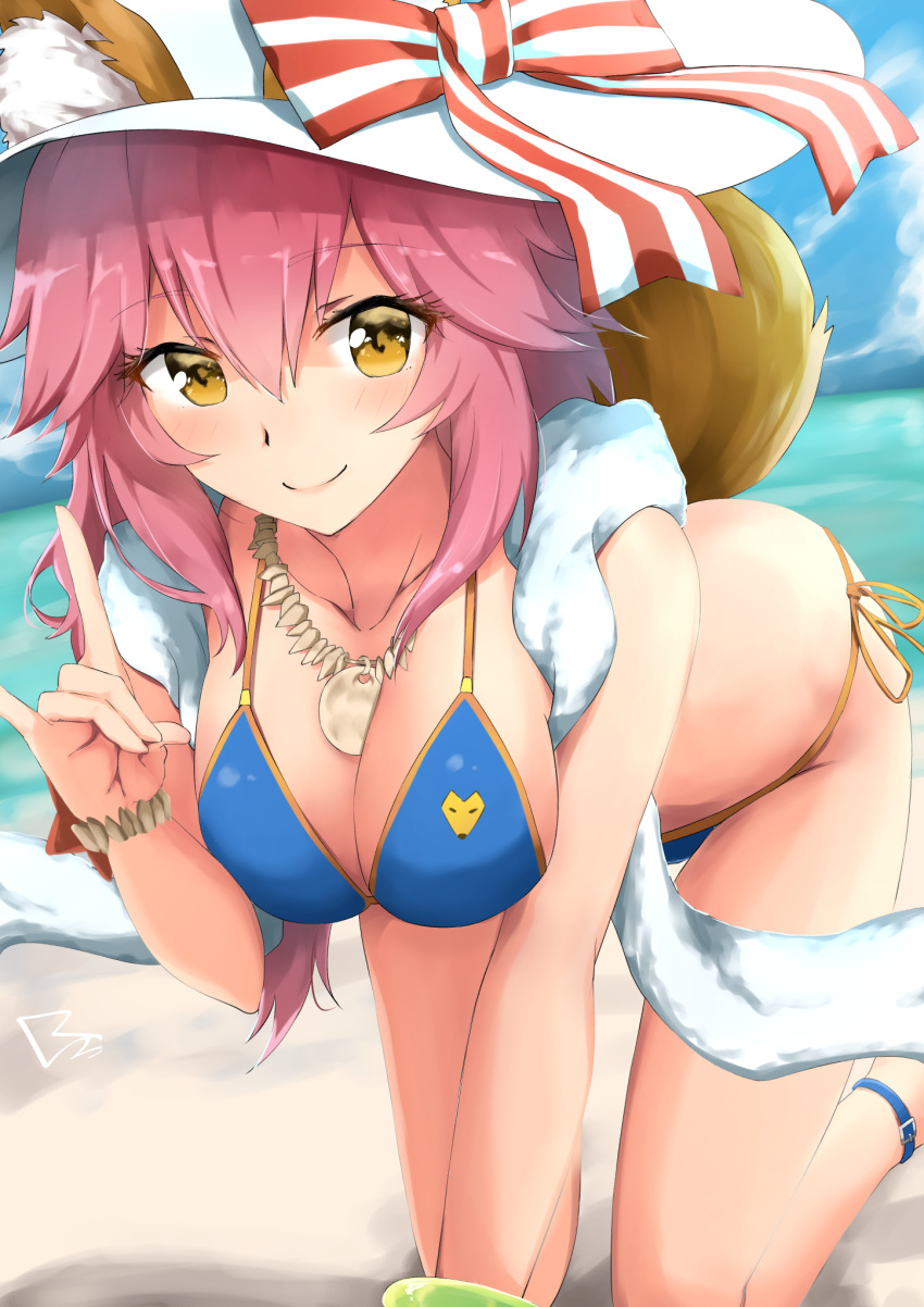 1girl all_fours animal_ears bikini blue_bikini blush breasts cleavage fate/extra fate/grand_order fate_(series) fox_ears fox_shadow_puppet fox_tail hat highres large_breasts long_hair looking_at_viewer pink_hair raidensan solo swimsuit tail tamamo_(fate)_(all) tamamo_no_mae_(swimsuit_lancer)_(fate) yellow_eyes