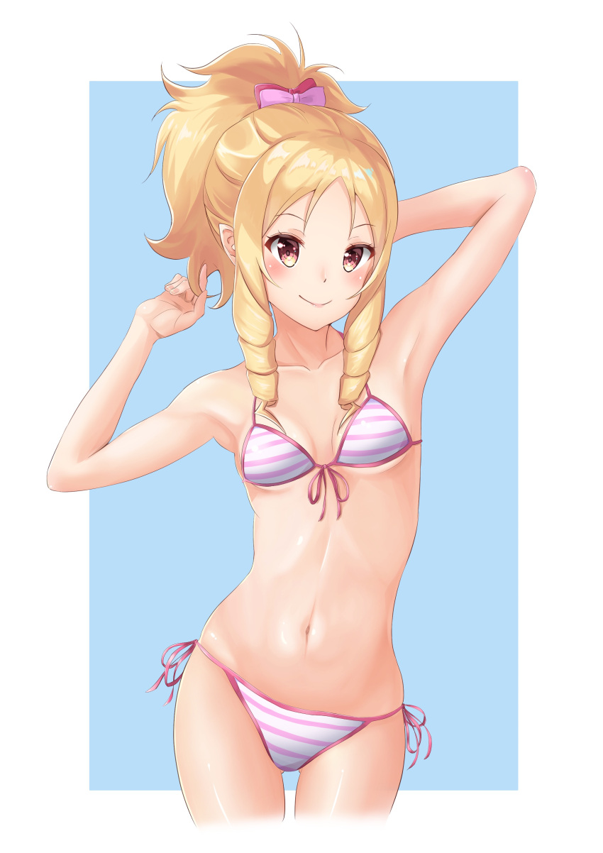 1girl absurdres alternate_hairstyle armpits arms_up ass_visible_through_thighs bare_arms bare_legs bare_shoulders bikini blonde_hair blush bow breasts closed_mouth collarbone commentary_request contrapposto cowboy_shot drill_locks eromanga_sensei fingernails front-tie_top furan_(pixiv20237436) hair_bow highres legs_apart long_hair looking_at_viewer midriff navel pink_bow pink_lips pointy_ears ponytail short_hair side-tie_bikini small_breasts smile standing stomach striped striped_bikini swimsuit yamada_elf yellow_eyes
