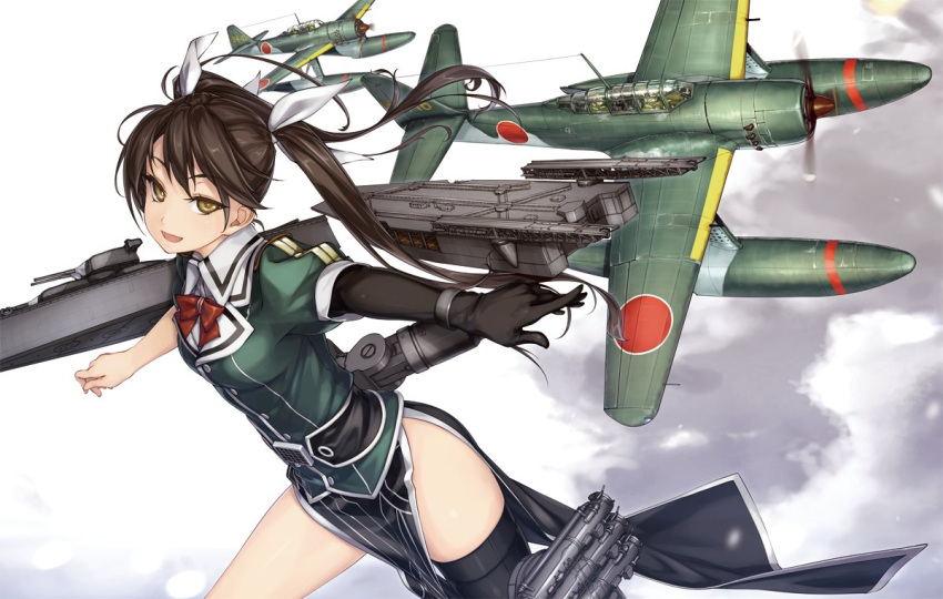 1girl :d aircraft airplane asymmetrical_legwear black_gloves black_legwear bow bowtie breasts brown_eyes brown_hair commentary_request dress e16a elbow_gloves flight_deck gloves hair_between_eyes hair_ribbon kantai_collection long_hair looking_at_viewer machinery open_mouth outstretched_arms pelvic_curtain remodel_(kantai_collection) ribbon rokuwata_tomoe side_slit single_elbow_glove single_thighhigh small_breasts smile solo thigh-highs thighs tone_(kantai_collection) twintails white_ribbon