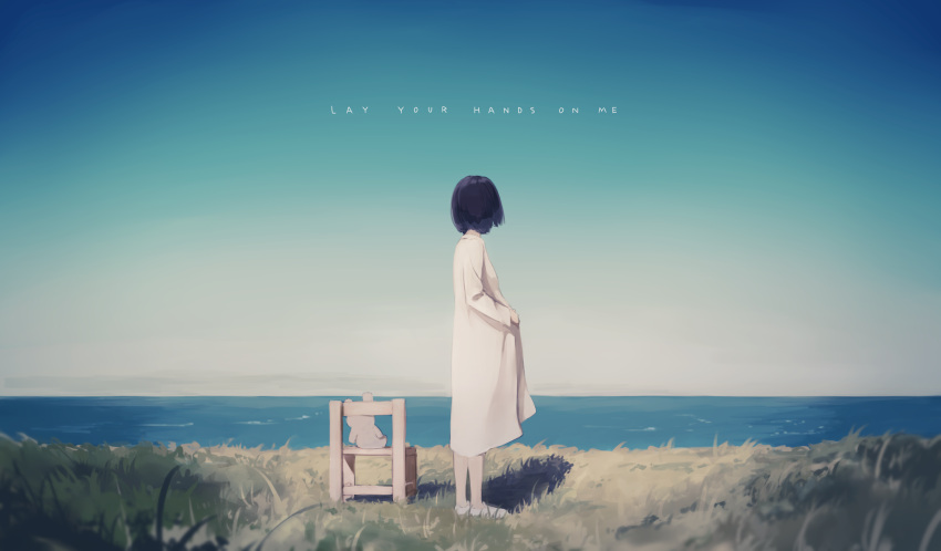 1girl black_hair chair dress english from_behind grass hands_on_own_stomach highres horizon looking_afar looking_to_the_side minamito ocean original pregnant shadow short_hair sky solo stuffed_animal stuffed_toy teddy_bear white_dress