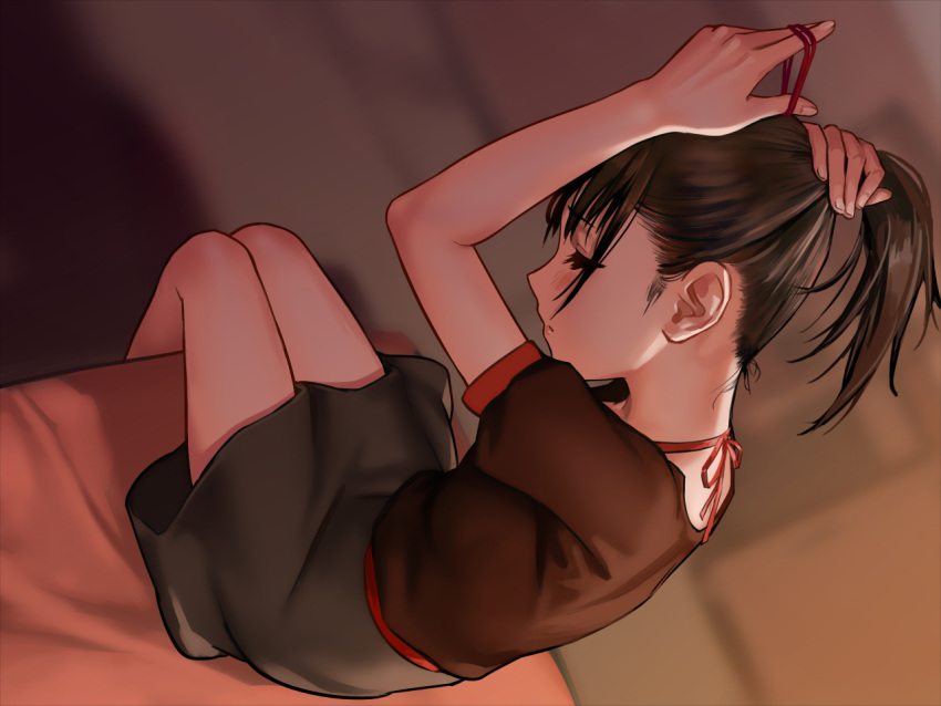 1girl arms_up as109 blush brown_hair closed_eyes closed_mouth dutch_angle halterneck indoors leaning_forward on_bed original ponytail short_sleeves sitting skirt solo tying_hair