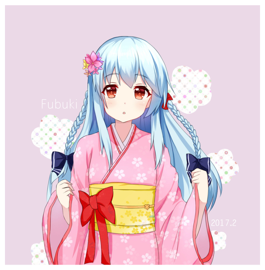 1girl arms_up blue_bow blue_hair bow braid character_name floral_print flower fubuki_(zhan_jian_shao_nyu) hair_bow hair_flower hair_ornament highres japanese_clothes kimono long_hair looking_at_viewer obi open_mouth pinching_sleeves pink_kimono red_bow red_eyes sash simple_background solo tsukimiya_yuuko wide_sleeves zhan_jian_shao_nyu