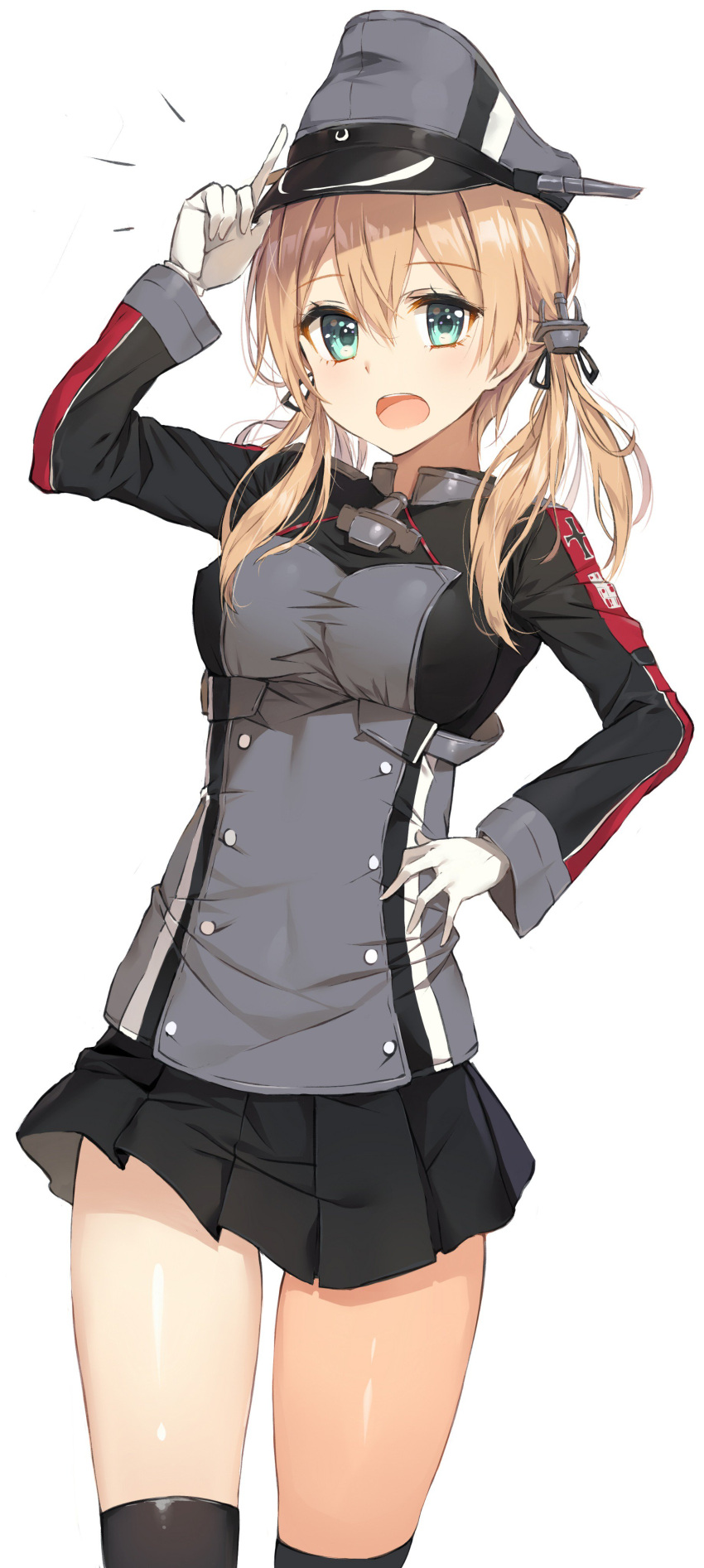 1girl absurdres adjusting_clothes adjusting_hat anchor_hair_ornament aqua_eyes black_legwear blonde_hair breasts gloves hair_ornament hat highres iron_cross kantai_collection medium_breasts military military_uniform open_mouth peaked_cap prinz_eugen_(kantai_collection) rurikoma simple_background solo twintails uniform white_background white_gloves