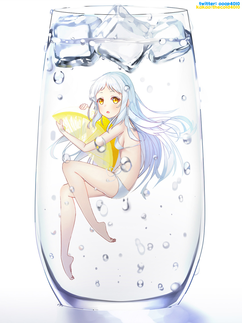 1girl air_bubble barefoot bikini blush breasts cup drinking_glass food from_side fruit full_body highres ice ice_cube in_container in_cup lemon lemon_slice long_hair looking_at_viewer open_mouth original plantar_flexion sideboob simple_background small_breasts solo swimsuit the_cold twitter_username white_background white_bikini white_hair yellow_eyes