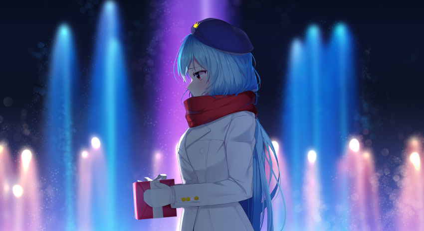 1girl absurdres bangs beret blue_hair coat covered_mouth double-breasted enpera fountain from_side gift hat highres holding holding_gift long_hair mittens original outdoors profile red_eyes red_scarf scarf solo the_cold upper_body winter