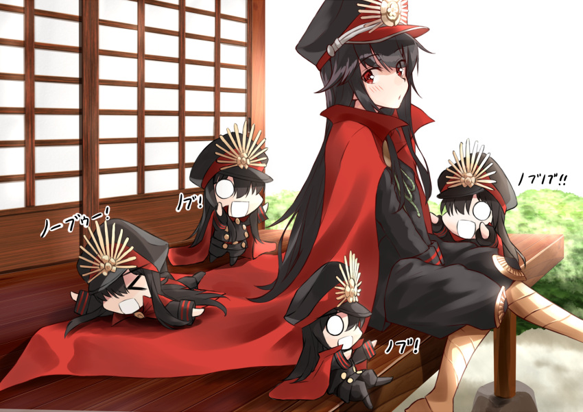 5girls :d architecture black_hair black_pants black_shirt blush cape chibi demon_archer east_asian_architecture family_crest fate/grand_order fate_(series) hat highres japanese_clothes keikenchi_(style) koha-ace long_hair long_sleeves military military_hat military_uniform multiple_girls multiple_persona o_o oda_uri open_mouth pants peaked_cap red_cape red_eyes revision shirt shunichi sitting smile uniform v_arms