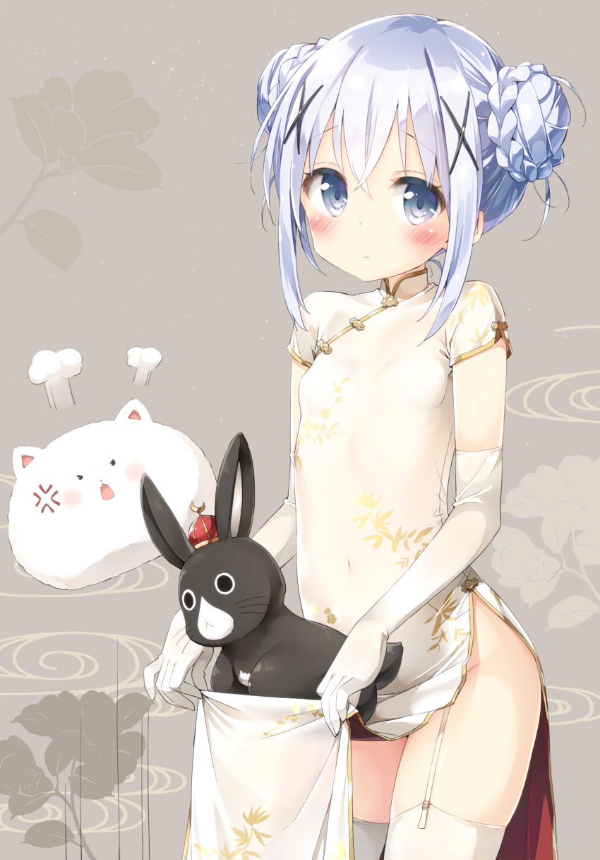 1girl absurdres anger_vein anko_(gochiusa) beige_background blue_eyes blue_hair blush braid breasts china_dress chinese_clothes closed_mouth covered_navel cowboy_shot detexted double_bun dress dress_lift elbow_gloves garter_straps gloves gochuumon_wa_usagi_desu_ka? hair_ornament highres kafuu_chino looking_at_viewer no_panties peko pelvic_curtain photoshop scan short_hair side_slit skirt_basket small_breasts solo tareme thigh-highs tippy_(gochiusa) turtleneck twin_braids white_dress white_gloves white_legwear x_hair_ornament