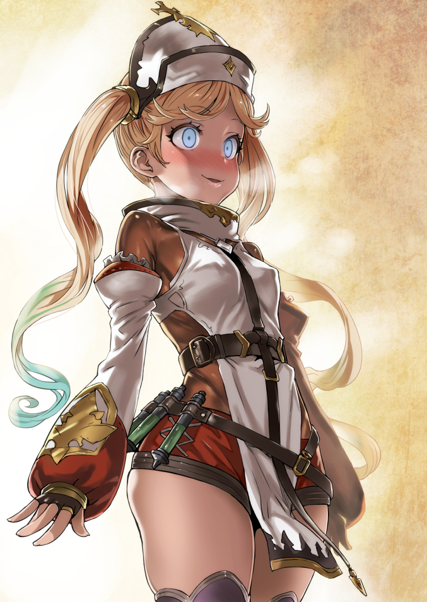 1girl asanagi bangs belt black_gloves blonde_hair blue_eyes blue_hair blush bodysuit breasts copyright_request cosplay covered_nipples detached_sleeves empty_eyes fingerless_gloves gloves glowing glowing_eyes granblue_fantasy hat highres io_euclase long_hair multicolored_hair open_mouth shorts small_breasts smile solo sophia_(granblue_fantasy) sophia_(granblue_fantasy)_(cosplay) thigh-highs twintails two-tone_hair very_long_hair vial wavy_hair