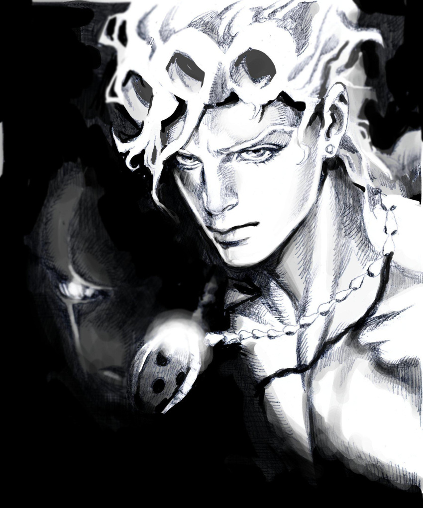 1boy earrings giorno_giovanna gold_experience graphite_(medium) greyscale highres jewelry jojo_no_kimyou_na_bouken male_focus monochrome necklace nobita pendant serious shiny shirtless stand_(jojo) stud_earrings traditional_media