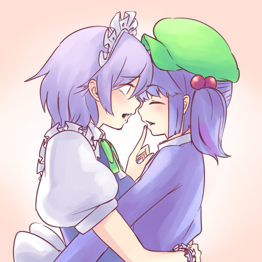 2girls blue_dress blue_hair closed_eyes dress face-to-face finger_to_another's_mouth from_side green_hat grey_hair hair_bobbles hair_ornament hat highres hug izayoi_sakuya kawashiro_nitori looking_at_another multiple_girls open_mouth touhou upper_body wrist_cuffs yoruny yuri