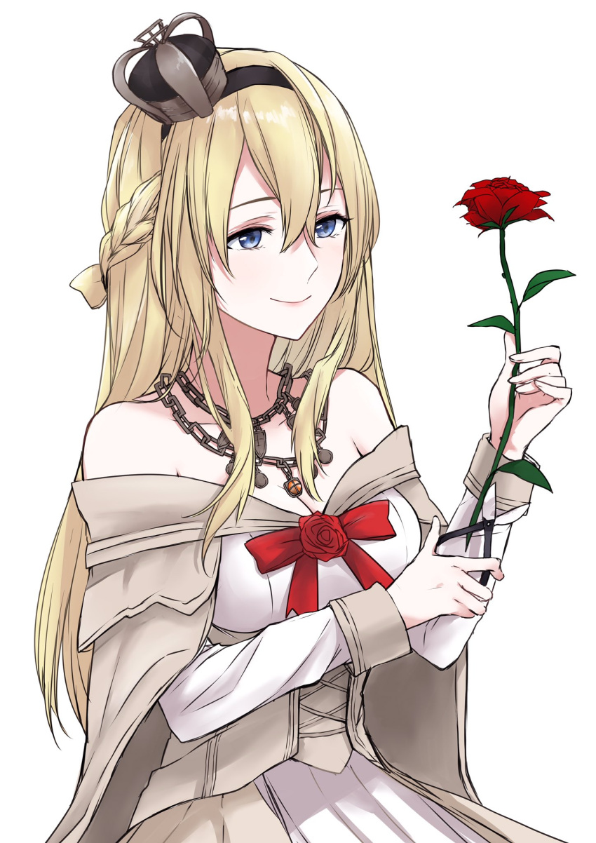 1girl bare_shoulders blonde_hair blue_eyes braid breasts cleavage closed_eyes commentary corset crown dress flower french_braid hair_between_eyes hairband highres jewelry kantai_collection leaf long_hair long_sleeves mini_crown morinaga_(harumori) necklace off-shoulder_dress off_shoulder red_ribbon red_rose ribbon rose scissors searchlight simple_background smile solo upper_body warspite_(kantai_collection) white_background white_dress