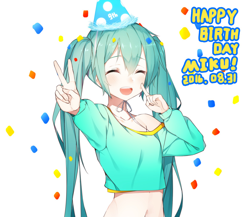 1girl ^_^ aqua_hair bangs birthday blush cheek_poking closed_eyes confetti crop_top cropped_shirt dated eyebrows_visible_through_hair hair_between_eyes happy_birthday hat hatsune_miku highres long_hair navel off_shoulder open_mouth party_hat poking smile solo the_cold twintails upper_body v vocaloid
