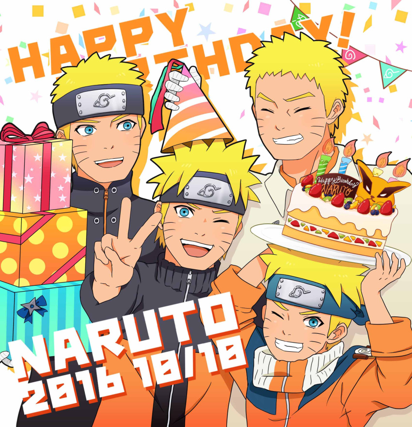 2016 5boys :d absurdres age_progression bandage bandaged_arm birthday_cake blonde_hair blue_eyes boruto:_naruto_the_movie box cake candle character_name dated facial_mark food forehead_protector gift gift_box grin happy_birthday hat highres jacket manjimaru_369 multiple_boys multiple_persona naruto naruto:_the_last naruto_shippuuden one_eye_closed open_mouth party_hat plate smile spiky_hair uzumaki_naruto v whisker_markings