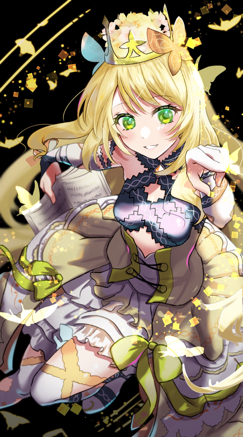 1girl absurdres blonde_hair book breasts bug butterfly butterfly_hair_ornament butterfly_on_hand celine_(fire_emblem) crown detached_sleeves dress fire_emblem fire_emblem_engage green_eyes hair_ornament highres holding holding_book long_hair looking_at_viewer mu_tu_bu open_book small_breasts smile solo very_long_hair yellow_dress