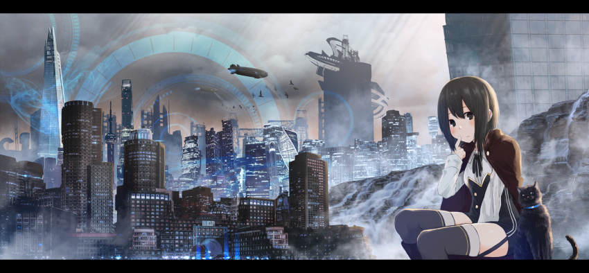 1girl airship akky_(akimi1127) bangs bent_knees bird black_cat black_hair black_legwear blush boots buttons cat circle city_lights cityscape fantasy fog highres jacket long_hair long_sleeves looking_at_viewer original revision scenery shirt sitting solo sunlight sunset thigh-highs water waterfall white_shirt