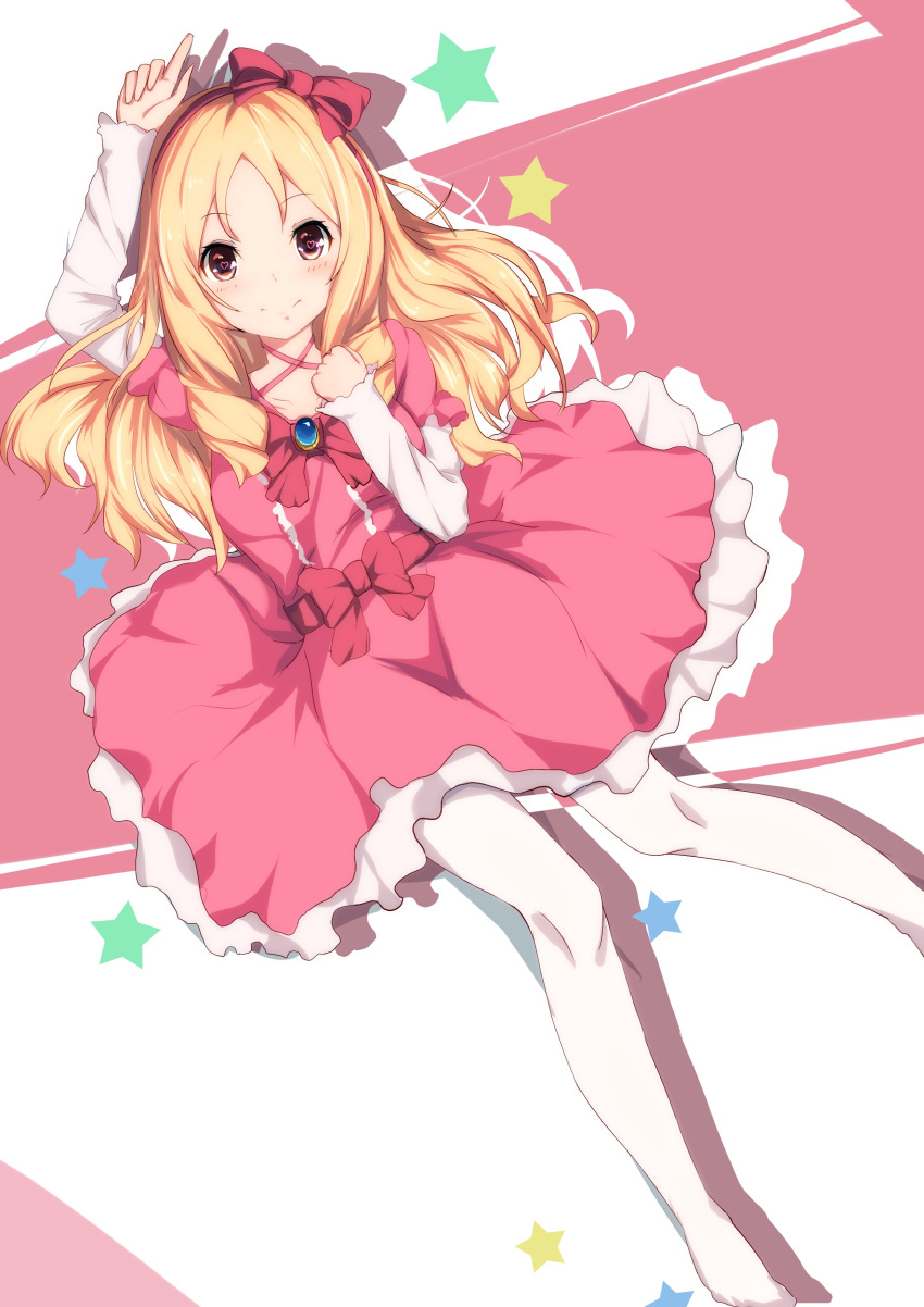 1girl absurdres arm_up bangs blonde_hair blush bow bowtie brooch center_frills closed_mouth criss-cross_halter dragon_xiuluo dress drill_hair eromanga_sensei eyebrows_visible_through_hair frilled_dress frills from_above hair_bow hairband halterneck hand_up heart heart-shaped_pupils highres jewelry lolita_fashion long_hair long_sleeves looking_at_viewer lying on_back pantyhose parted_bangs pink_dress pink_eyes pointy_ears puffy_short_sleeves puffy_sleeves red_bow red_bowtie red_hairband short_over_long_sleeves short_sleeves sidelocks smile solo star symbol-shaped_pupils twin_drills white_legwear yamada_elf