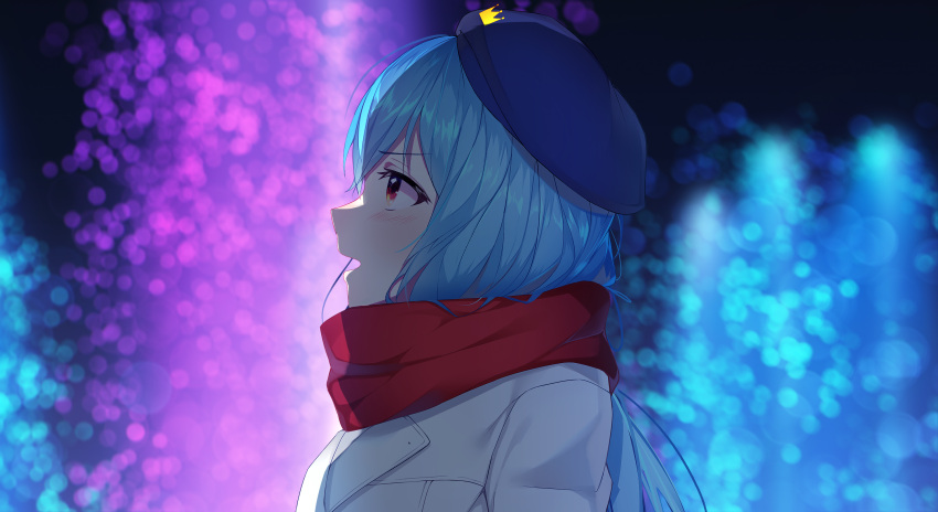 1girl bangs beret blue_hair coat double-breasted enpera fountain from_side gift hat highres holding holding_gift long_hair looking_up mittens open_mouth original outdoors profile red_eyes red_scarf scarf solo the_cold upper_body winter