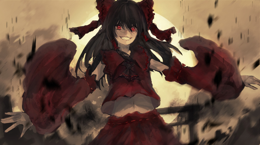 1girl ascot black_hair bow crazy_eyes crazy_smile detached_sleeves eyebrows_visible_through_hair floating_hair glowing glowing_eyes grin hair_between_eyes hair_bow hair_tubes hakurei_reimu highres kumamoto_nomii-kun long_hair looking_at_viewer midriff_peek motion_blur navel outdoors outstretched_arms red_bow red_eyes red_skirt ribbon-trimmed_sleeves ribbon_trim skirt skirt_set smile solo spread_arms stomach sun touhou upper_body wide-eyed wide_sleeves