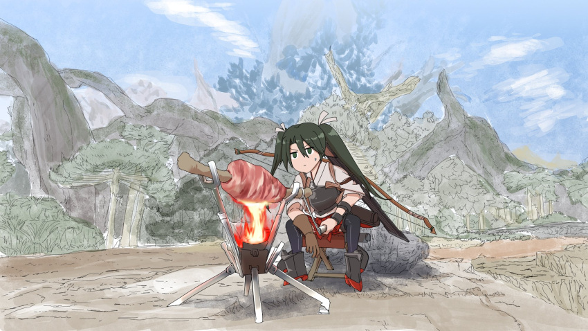 1girl black_legwear bow_(weapon) bush cooking fire food full_body green_hair grey_hair hair_between_eyes hair_ribbon hakama_skirt highres japanese_clothes kantai_collection kimono long_hair meat monster_hunter monster_hunter:_world muneate parody quiver radia ribbon rudder_shoes sitting sky solo sweatdrop tasuki thigh-highs tree twintails weapon white_ribbon zuikaku_(kantai_collection)