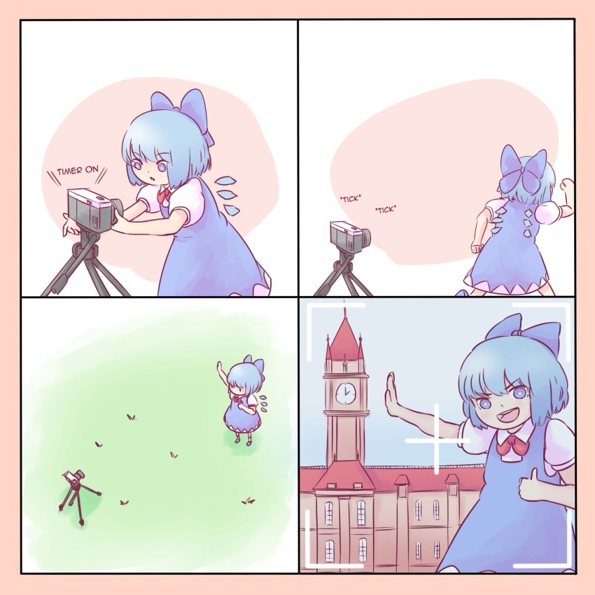 1girl blue_dress blue_hair camera cirno comic commentary dress english failure highres running scarlet_devil_mansion self_shot solo thumbs_up touhou viewfinder yoruny you're_doing_it_wrong