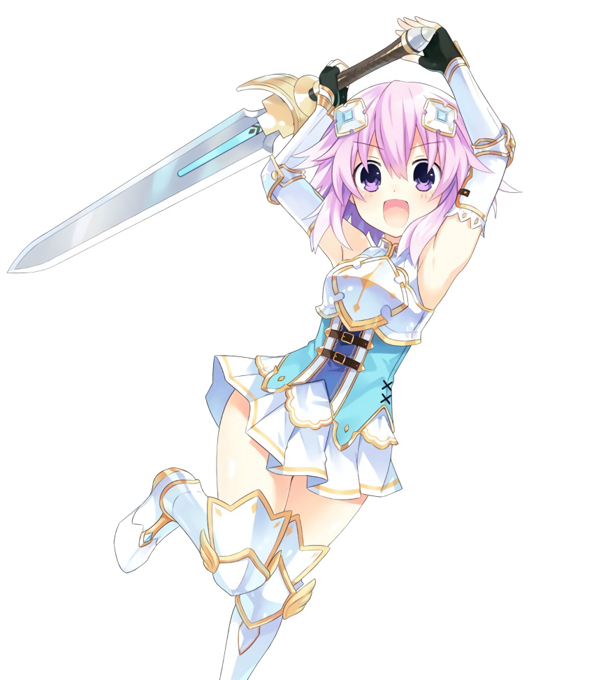 1girl absurdres armor armored_boots armpits arms_up bare_shoulders boots breastplate elbow_gloves eyebrows_visible_through_hair fingerless_gloves four_goddesses_online:_cyber_dimension_neptune gauntlets gloves greaves hair_ornament highres holding holding_weapon looking_at_viewer neptune_(choujigen_game_neptune) neptune_(series) official_art one_leg_raised open_mouth pleated_skirt purple_hair short_hair simple_background skirt sleeveless smile sword thigh-highs transparent_background tsunako violet_eyes weapon zettai_ryouiki