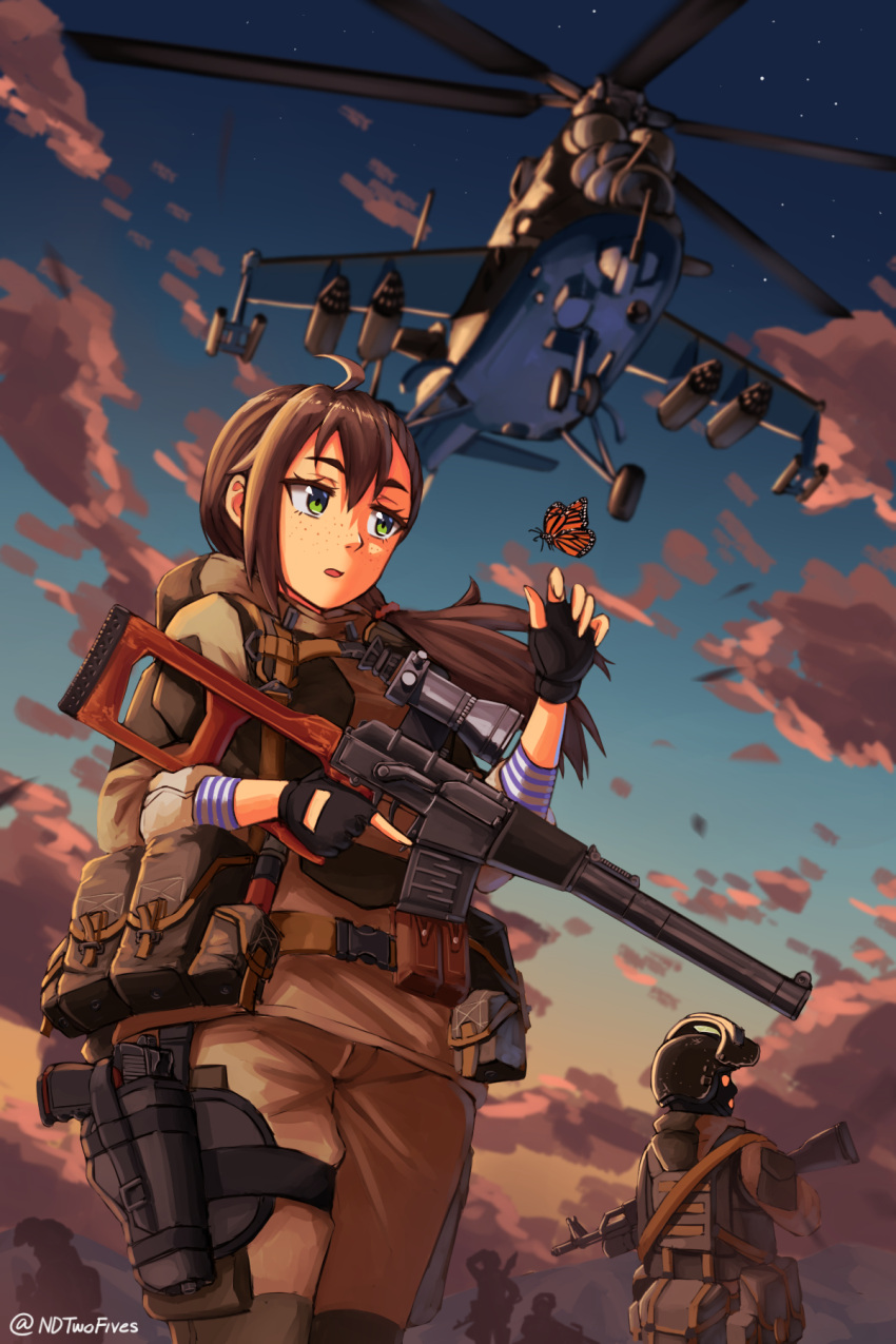 1girl ahoge aircraft assault_rifle blurry brown_hair butterfly clouds depth_of_field fingerless_gloves freckles from_below gloves green_eyes gun handgun helicopter helmet highres holster load_bearing_equipment load_bearing_vest long_hair low-tied_long_hair mask mi-24 military military_uniform monarch_butterfly ndtwofives original pistol rifle rocket_launcher rpg silhouette ski_mask sky sleeves_rolled_up sniper_rifle soldier star_(sky) sunset thigh_holster trigger_discipline twitter_username uniform weapon