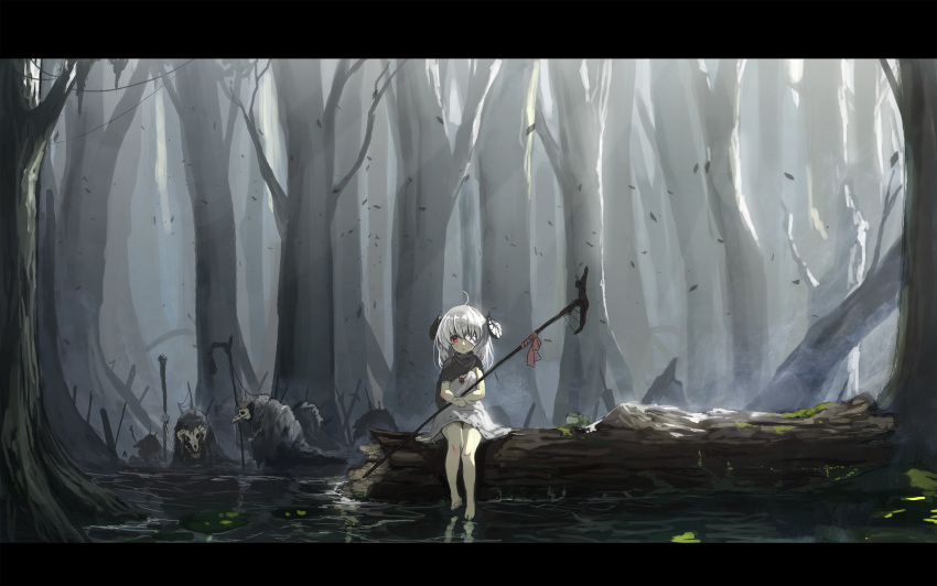 1girl absurdres ahoge bandage bandage_over_one_eye bare_tree barefoot blush commentary crown falling_leaves fantasy forest frog highres horns jewelry letterboxed log long_hair looking_at_viewer monster nature oota_youjo original pendant red_eyes reflection scenery silver_hair sitting skull staff tree water