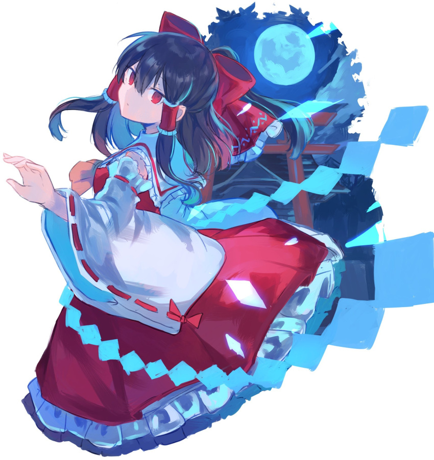 1girl ascot black_hair bow commentary_request cropped_legs detached_sleeves dokoda_no_dareka frilled_bow frilled_skirt frills full_moon hair_bow hair_tubes hakurei_reimu highres looking_at_viewer looking_back moon night red_bow red_eyes red_skirt ribbon-trimmed_sleeves ribbon_trim shide skirt solo torii touhou wide_sleeves yellow_ascot