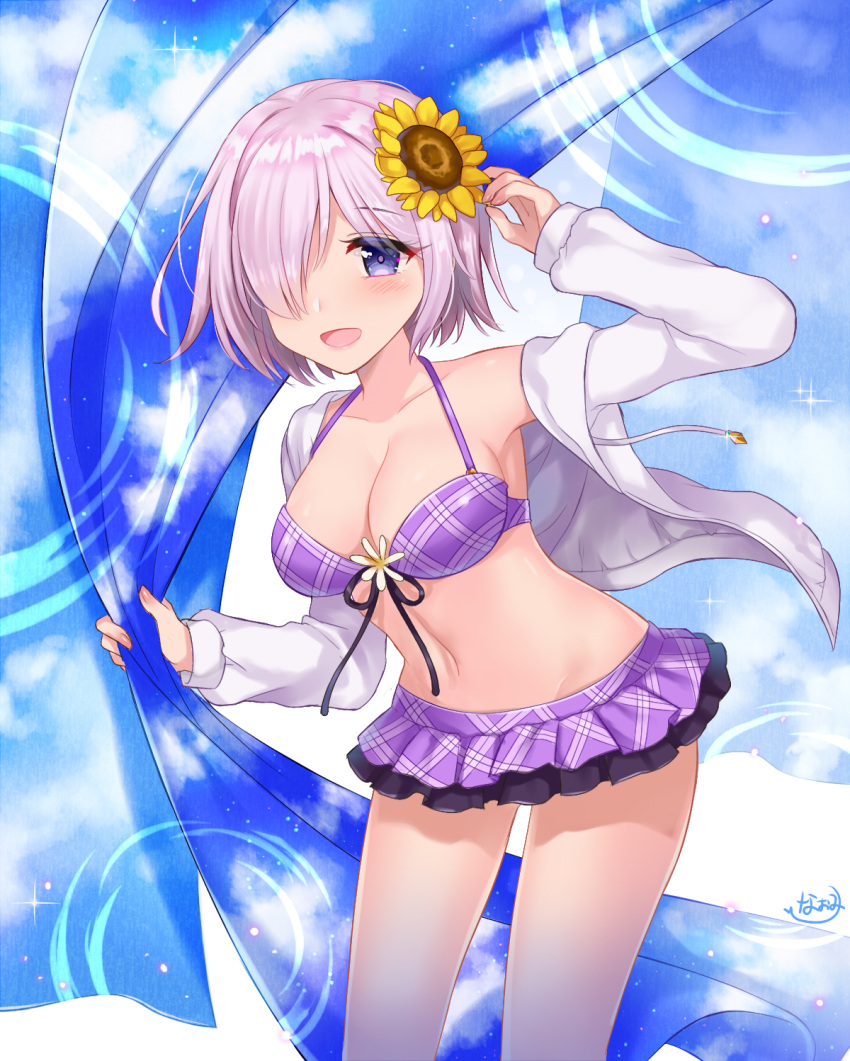 1girl arm_up armpits bikini bikini_skirt black_ribbon blush breasts cleavage cowboy_shot curtains drawstring eyebrows_visible_through_hair eyelashes fate/grand_order fate_(series) flower front-tie_bikini front-tie_top hair_flower hair_ornament hair_over_one_eye halterneck highres holding leaning_forward long_sleeves looking_at_viewer medium_breasts naomi_(fantasia) navel open_clothes open_shirt pink_hair plaid plaid_bikini purple_bikini ribbon shielder_(fate/grand_order) shirt short_hair signature sky_print solo standing stomach sunflower_hair_ornament swimsuit thighs violet_eyes