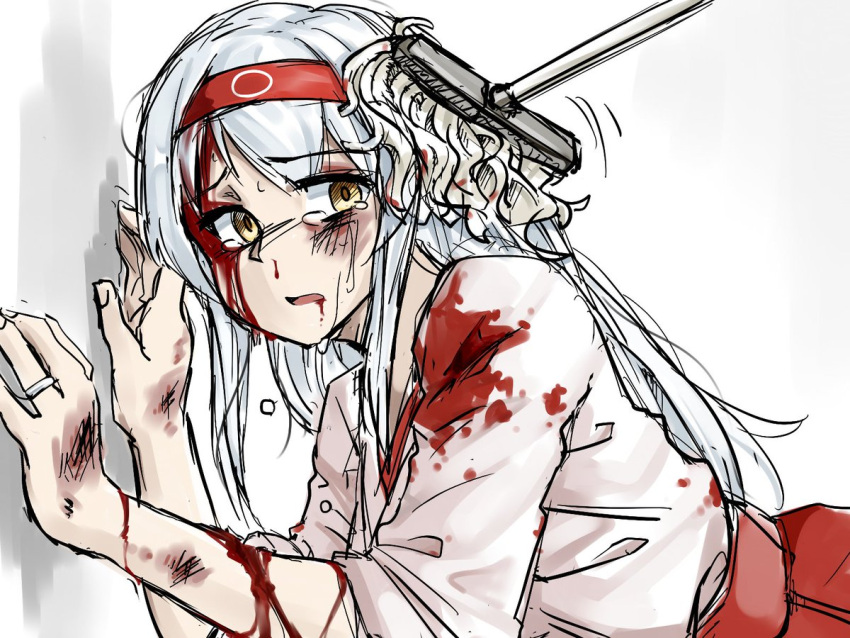 1girl against_wall bangs blood blood_from_mouth blood_on_face bloody_clothes broom bruise_on_face commentary_request dripping eyebrows_visible_through_hair hairband japanese_clothes jewelry kantai_collection kimono long_hair long_sleeves looking_away looking_back motion_lines open_mouth pink_kimono red_hairband ring shoukaku_(kantai_collection) silver_hair simple_background solo sweat tadd_(tatd) teardrop tearing_up upper_body wedding_band white_background wide_sleeves yellow_eyes