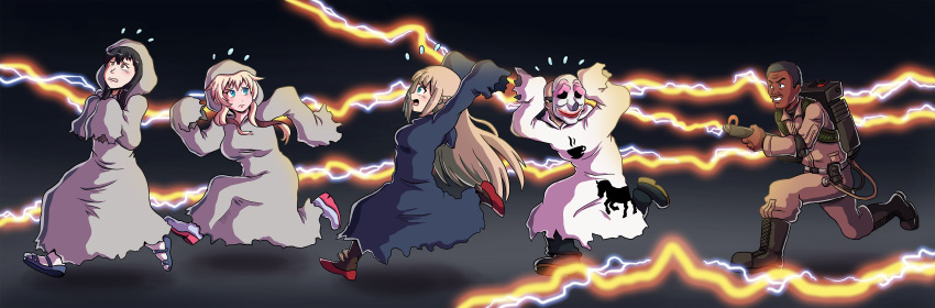 2boys 3girls absurdres angry aqua_eyes black_hair blonde_hair boots braid brown_eyes chasing clown_mask commentary dark_skin dark_skinned_male darkyamatoman enterprise_(zhan_jian_shao_nyu) facial_hair fleeing french_braid ghost_costume ghostbusters highres houston_(payday) iowa_(pacific) jumpsuit kantai_collection lexington_(zhan_jian_shao_nyu) long_hair multiple_boys multiple_girls mustache object_namesake open_mouth pacific payday_(series) payday_2 proton_pack sandals scared sweat sweating_profusely wavy_mouth winston_zeddemore zhan_jian_shao_nyu