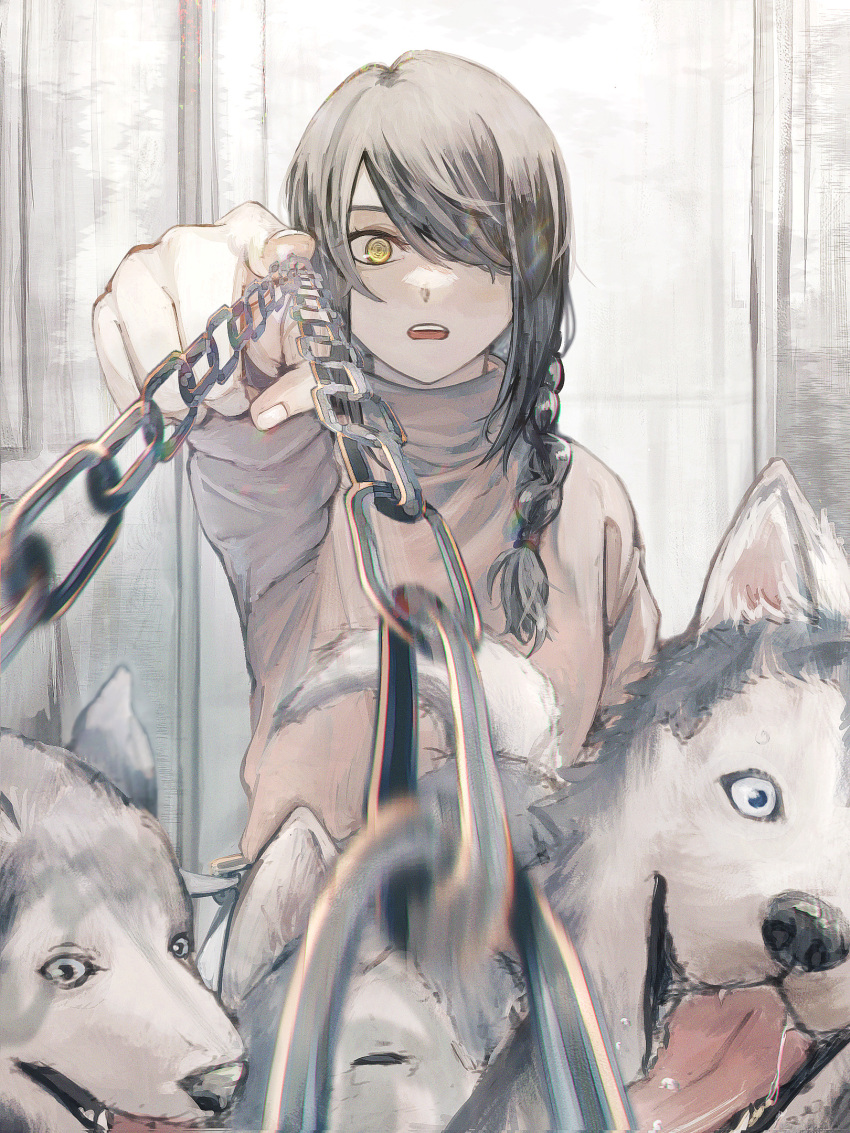 1girl black_hair braid chain chainsaw_man deadpan dog doorway hair_over_one_eye hair_over_shoulder highres husky long_hair looking_at_viewer muted_color nayuta_(chainsaw_man) open_mouth outstretched_arm pointing pointing_at_viewer ringed_eyes sidelocks single_braid solo sweater swept_bangs turtleneck turtleneck_sweater uni_ssansyo upper_body yellow_eyes