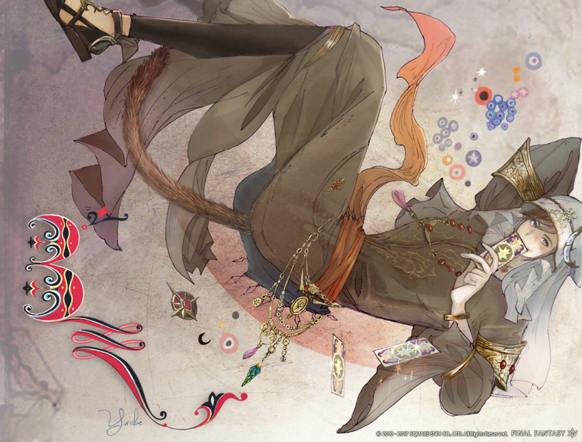 1girl astrologian_(final_fantasy) bracelet brown_eyes brown_hair card copyright_name final_fantasy final_fantasy_xiv jewelry miqo'te necklace official_art robe tail