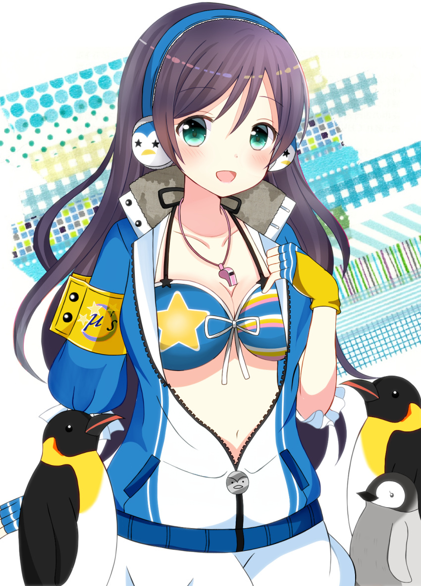 1girl :d animal aqua_eyes bangs bikini_top bird blue_bikini_top blue_jacket blush breasts cleavage collarbone commentary_request cowboy_shot earmuffs eyebrows_visible_through_hair fingerless_gloves front-tie_top gloves green_eyes highres jacket large_breasts long_hair looking_at_another looking_at_viewer love_live! love_live!_school_idol_festival love_live!_school_idol_project navel open_mouth partially_unzipped penguin pocket purple_hair ryoutan short_sleeves smile star toujou_nozomi whistle zipper