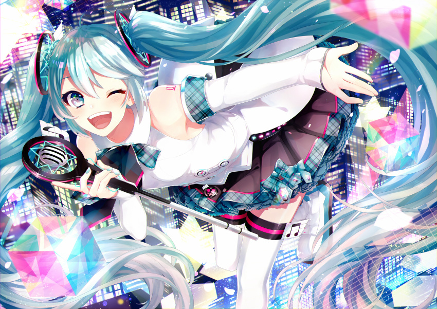 1girl aqua_eyes aqua_hair blush breasts building city detached_sleeves eyelashes frilled_skirt frills gari_(apollonica) hair_ornament hatsune_miku highres holding holding_microphone light_particles long_hair looking_at_viewer magical_mirai_(vocaloid) microphone musical_note nail_polish one_eye_closed open_mouth petals shiny shiny_hair skirt skyscraper smile solo thigh-highs twintails very_long_hair vocaloid