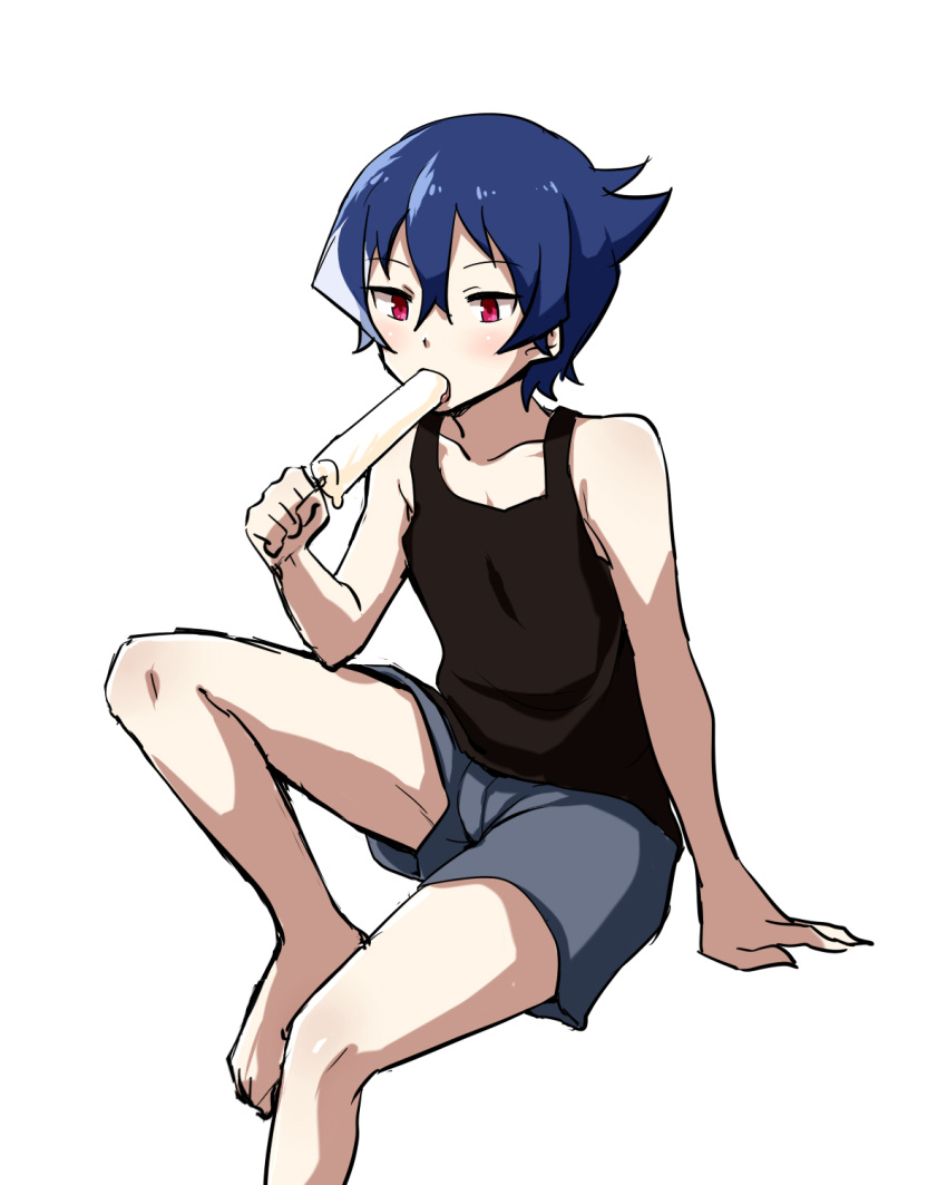 1boy akiba's_trip akiba's_trip_the_animation arm_support barefoot black_shirt blue_hair boxers denkigai_tamotsu eating food funkunsan highres invisible_chair male_focus multicolored_hair popsicle red_eyes shirt simple_background sitting streaked_hair tank_top underwear white_background