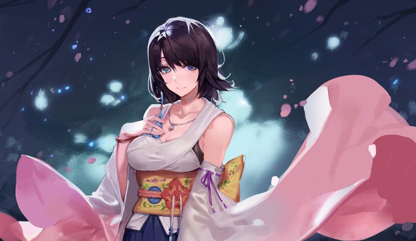 1girl bare_shoulders black_hair breasts cleavage closed_mouth detached_sleeves female final_fantasy final_fantasy_x hand_on_own_chest heterochromia japanese_clothes jewelry kishiyo looking_to_the_side necklace obi petals revision sash smile solo standing traditional_clothes wide_sleeves wind yuna